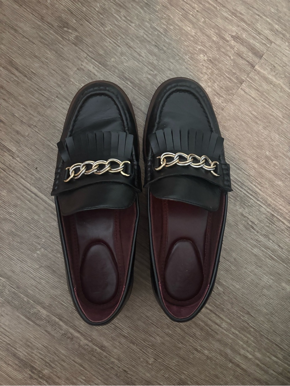 Franco Sarto Black Loafers with Gold & Silver Chain Accent